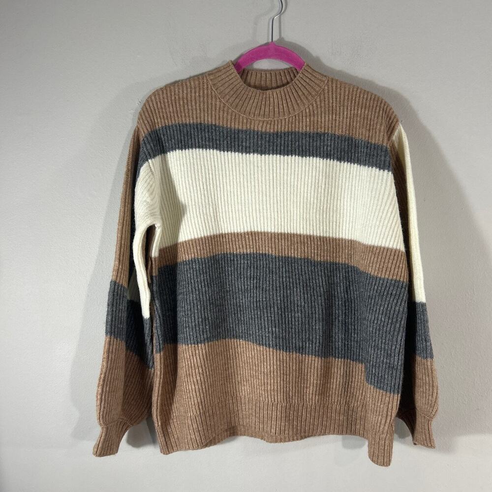 Simplee Colorblock Boxy Chunky Knit Pullover Sweater Women S Long Ballon Sleeve